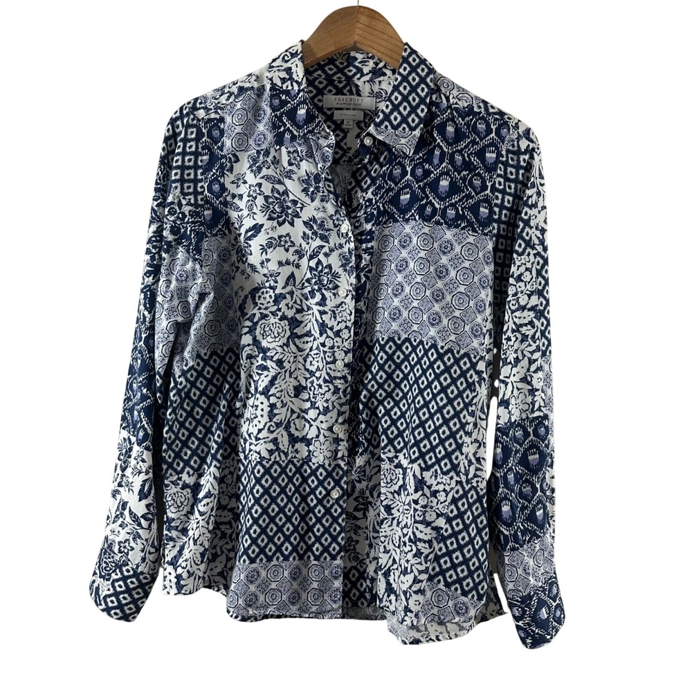 Foxcroft for Appleseeds Women's‎ Blue White Patchwork Floral Cotton Blouse SZ 10